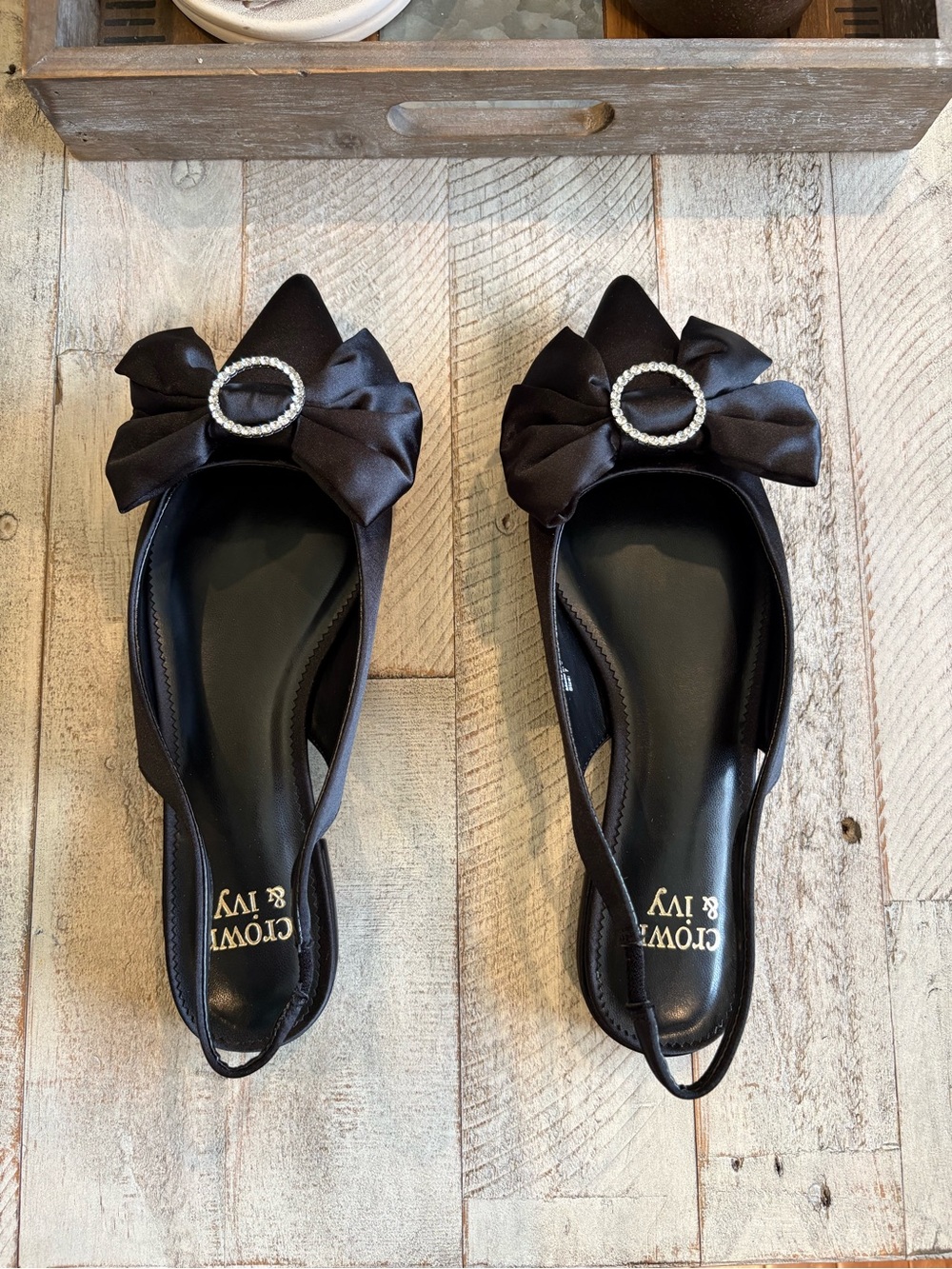 crown & ivy Black Satin Bow Pointed Slingback Flats with Crystal Ring